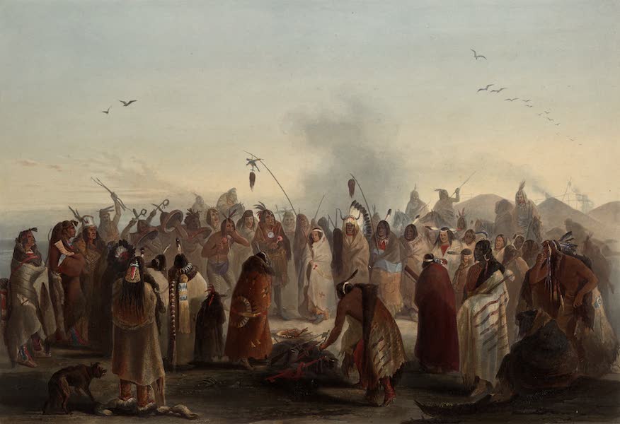 Voyage dans l'Interieur de l'Amerique du Nord Atlas - Scalptanz der Mönnitarris. / Danse du scalp des indiens Meunitarris. / Scalp dance of the Minatarres. (1840)