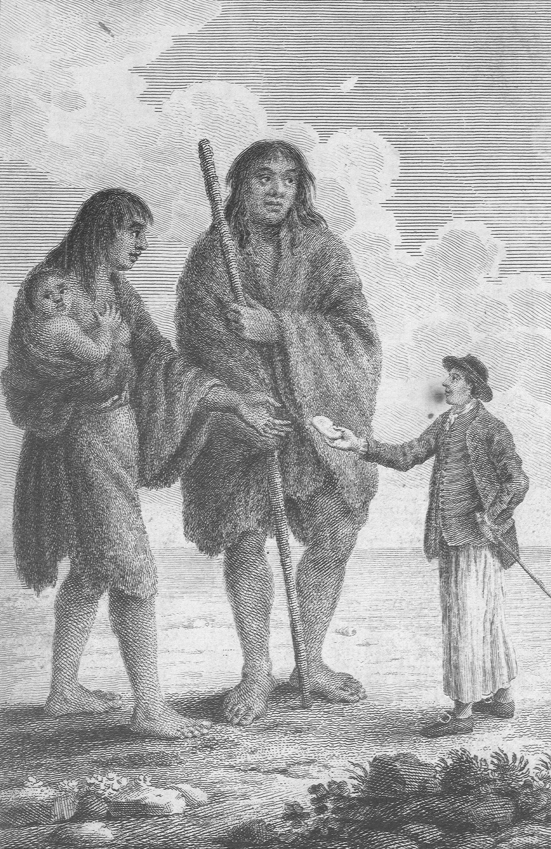 Frontispiece - A Sailor Giving a Patagonian Woman Some Biscuit for Her