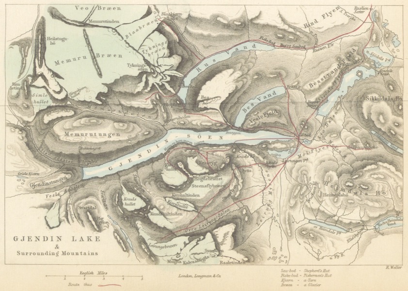 Wild Life on the Fjelds of Norway - Map of the Gjendin Lake and Surrounding Mountains (1861)